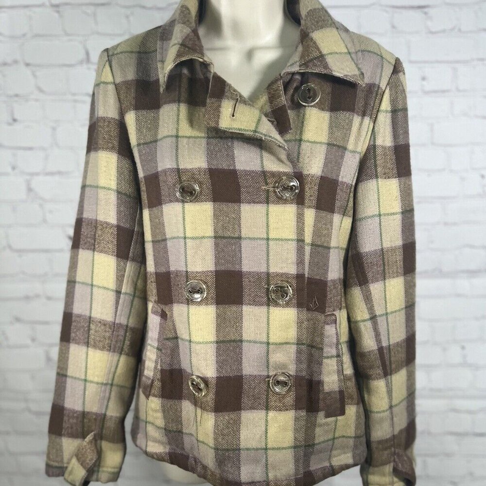 Volcom St. Martins Green Brown Plaid Wool Blend Sherpa Lined Peacoat Women’s Med